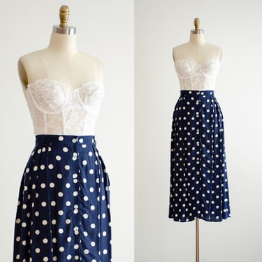 polka dot midi skirt 90s vintage navy blue white flowy cottagecore skirt 