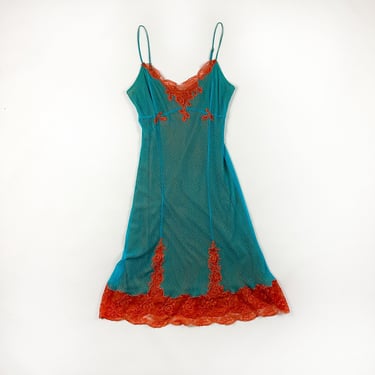 Vintage Betsey Johnson Slip Dress / Swiss Dot / Blue and Orange / Medium / Rare / 1990s / y2k / Romantic / Bright / Grunge / Lace / M / 