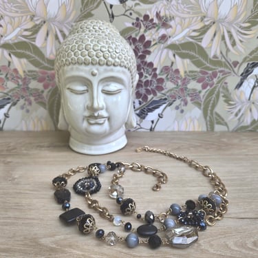 You and I- Signed Boho Necklace-Choker- 3 strand Glass Beads- Black, Greys, Smoke- Gold Chain- You & I- 3