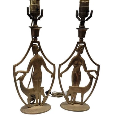 Art Deco Nude Lady with Deer Lamps 