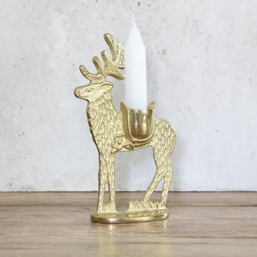 Brass Reindeer Candle Holder, Vintage Christmas Deer Decor, Taper Candlestick Holder 