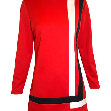 Koret of California '60s Mod Red Mock Neck Stripe Shift Dress