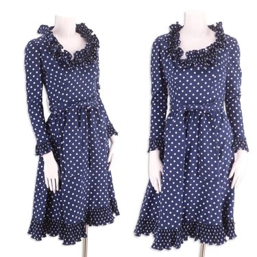 80s VICTOR COSTA navy day dress size S, vintage 1980s polka dot print party dress, ruffle midi dress sz 4 