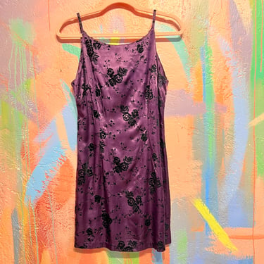 2000s Y2k Vintage Evening Mini Dress - All That Jazz - Purple + Black Satin + Velvet Floral Print - Small Medium Spaghetti Strap Sleeveless 