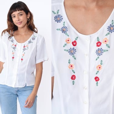 Floral Embroidered Top 90s White Flower Blouse Short Sleeve Blouse Fitted Princess Seam Shirt Button Up 1990s Vintage Extra Large xl 