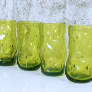 Set of Four Blenko Handlblown Tumblers - Pinched Dimple Crackle Glass in Olive Green - Blenko 418L 