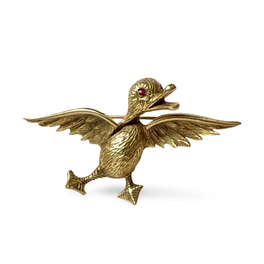 Vintage 18k Gold Duck Pin with Ruby Eyes 