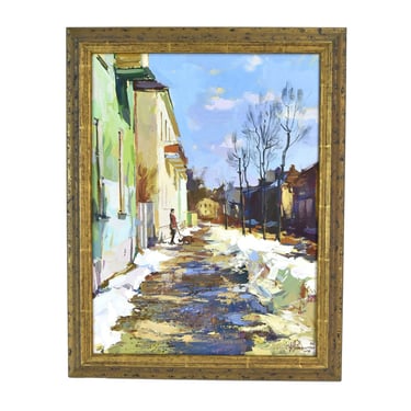 Ukrainian Oil Painting “Spring Walk” Woman walking Dog signed Romanchuk 2006 