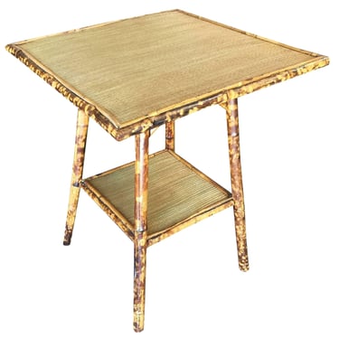 Restored Vintage Tiger Tortoise Bamboo Pedestal Side Table With Large Top 