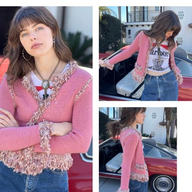 70s 80s Cottage Core Pink Knit cardigan Sweater w/pockets shag S M 