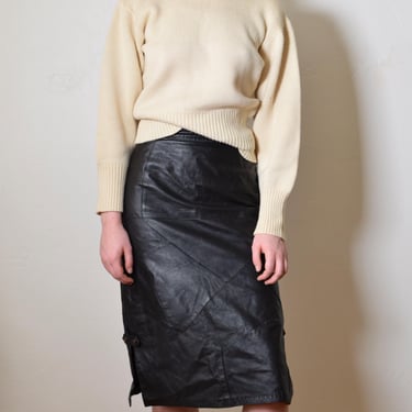 Vintage 1980s Ultra Buttery BLACK LEATHER High Waist Patchwork Hourglass MINIMALIST Pencil Skirt 25