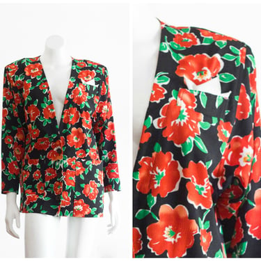 Vintage 1980s Oversized Lightweight Blazer | Red Orange Flower Print | Shoulder Pads 