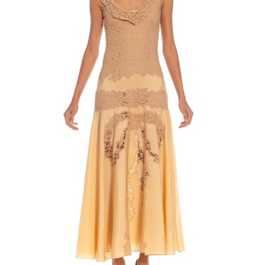 1930S Beige  Yellow Gold Chiffon Lace Slip Dress 
