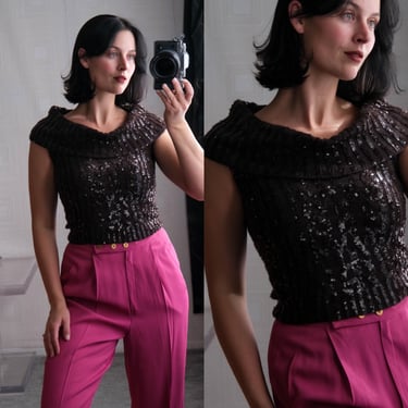 Vintage DANA BUCHMAN Dark Brown Cashmere & Silk Sequined Cropped Off the Shoulder Knit Sweater Top | Cashmere/Silk | Y2K 2000s Designer Top 