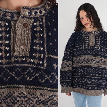 Wool Geometric Sweater Nepalese Sweater 90s Navy Blue Taupe Henley Sweater Knit Sweater Grunge 1990s Vintage Pullover Nepal Extra Large xl l 