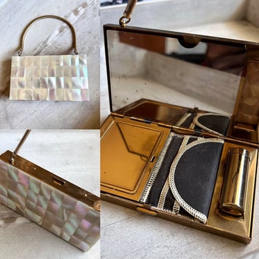 vintage 50s mother of pearl lipstick compact mirror makeup case, minaudiere carryall purse gift for her, wristlet, gold small purse 