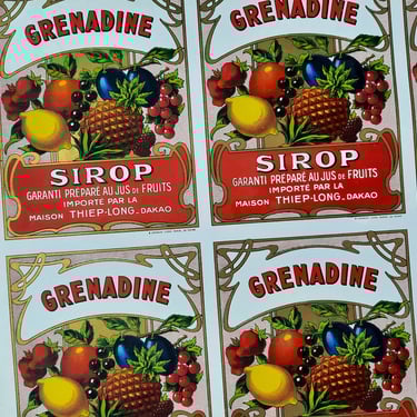 Pretty Lithograph Test from a French Printing Workshop, Vintage Papers Labels Advertising Poster, Grenadine 