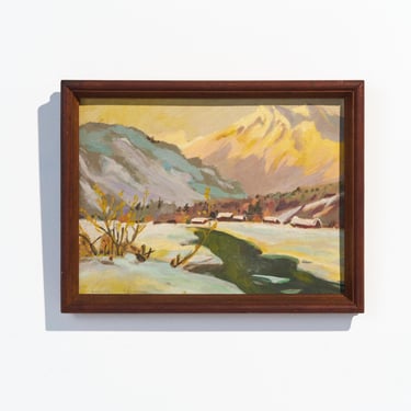 Vintage 1958 Swedish Landscape Oil Painting // Cozy Mid-Century Framed Original Winter Scene // Artist Signed 