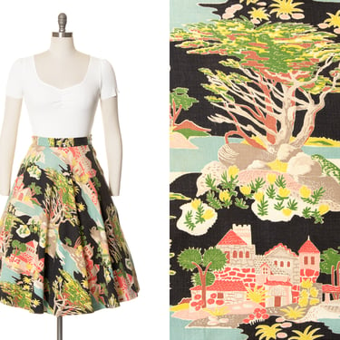 Vintage 1940s Skirt | 40s Novelty Print Cotton Barkcloth Cypress Tree Castle High Waisted Full Swing Skirt (small) 