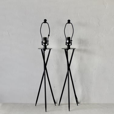 Frederic Weinberg Style Clasped Black Minimalist Metal Tripod Table Lamps-a pair 