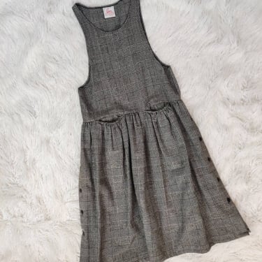 Vintage 70s 80s Grey Pinafore Dress // Glen Check Dropped Waist with Pockets 