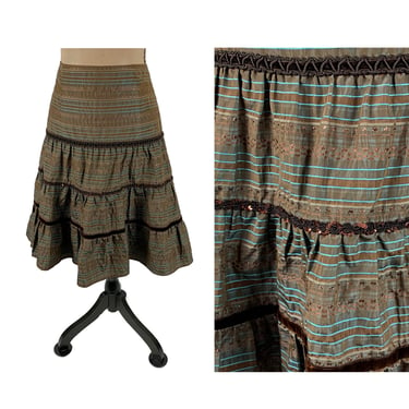 Y2K Midi Skirt Small, Embellished Boho Fall Party, Full Tiered Drop Waist, Sparkly Brown Striped, 2000s Clothes Women Nanette Lepore Size 4 