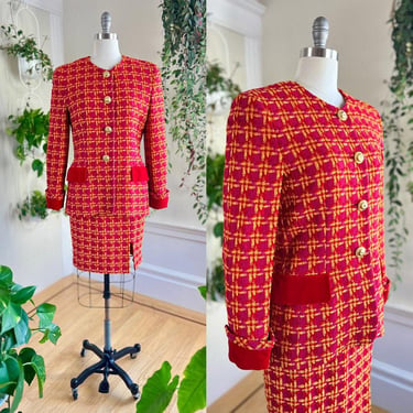 Vintage 1980s Skirt Suit | 80s ESCADA by Margaretha Ley Chenille Plaid Wool Red Yellow Matching Two Piece Set | medium 