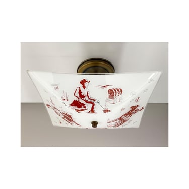 Mid Century Cowboy Rodeo Theme Glass Shade with Newly Built Antique Brass Fixture - Semi Flush Ceiling Light - 11.5" Shade Width 
