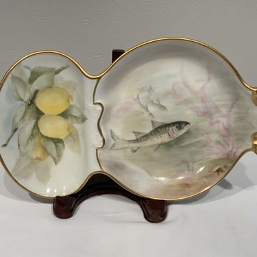 1900's T&V Limoges France Hand Painted 2 Section Sardine Oyster Seafood Serving Dish, porcelain dinnerware, french cottage core, french home 