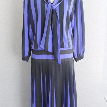 1980s - Purple /Black - Stripe - Drop Waist - Day Dress - by Blake Elizabeth - Marked size 10 