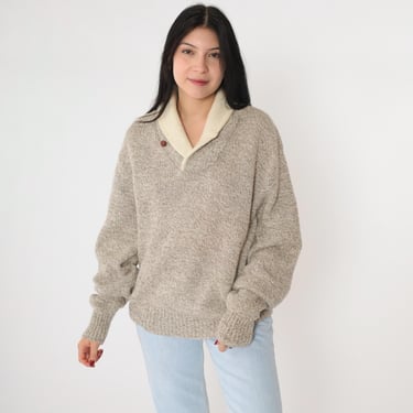 Vintage Shawl Collar Sweater Wool Blend Knit 80s Flecked Sweater Cream Brown Slouchy Pullover 1980s Button Neck Sweater Nerd Extra Large xl 