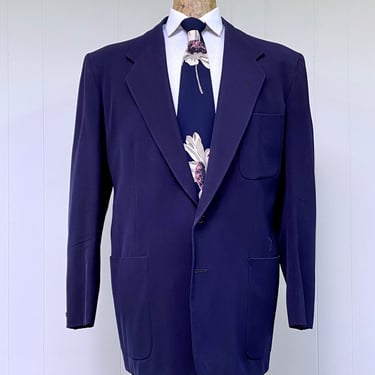 Vintage 1950s Navy Wool Gabardine Blazer, Mid-Century Hickey-Freeman 2-Button Sport Coat, 50s Custom Suit Jacket, Size XL 48 Long, VFG 