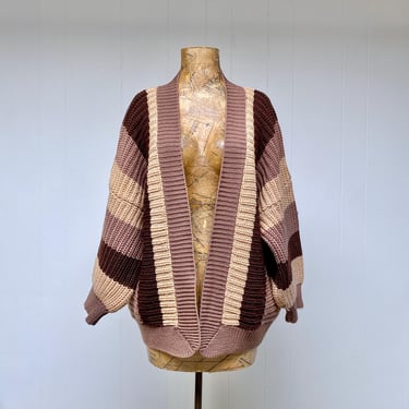 Vintage 1950s Bulkies Lil' Lambee Wool Cardigan, Mid-Century Chunky Brown Striped Knit, One Size, Gender Neutral, 50s Le Roy Knitwear, VFG 