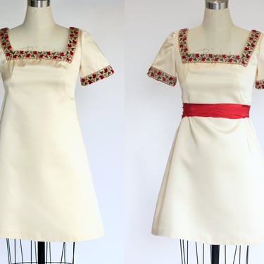 1960s Emma Domb Satin A-Line Mini Dress with Red Flower Bud Tapestry Trim - Vintage Short Semi Formal Party Dress - Small 