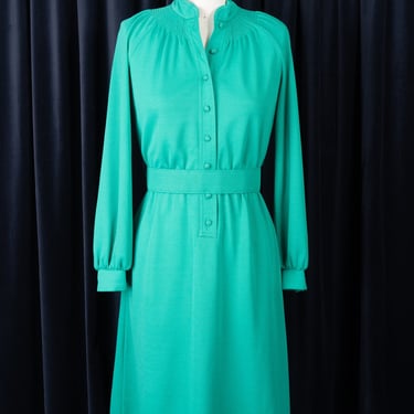 Vintage 1970s Leslie Fay Green Belted Dress with Gathered Neck and Covered Buttons 