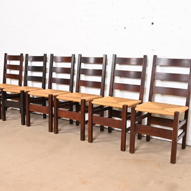 Gustav Stickley Antique Mission Oak Arts & Crafts Ladder Back Dining Chairs With Rush Seats, Set of Six