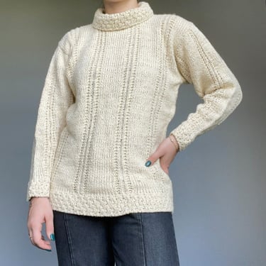 NWT Cream Hand Loomed Cotton South West Donegal Irish Mock Neck Sweater Sz M 