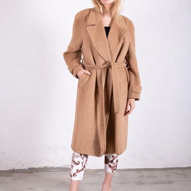1970s Alpaca Wool Belted Trench in Nude Camel sz S M Minimalist Overcoat 70s Vintage made in Italy 