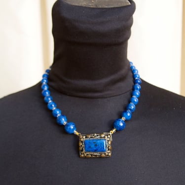 1920's Czech Glass Necklace // Blue Glass Lapis Filigree Necklace Czechoslovakia 