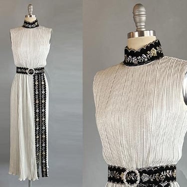 1960s Metallic Maxi / Silver Lurex Lamé Dress / High Zipper Slit Dress / Size Small 