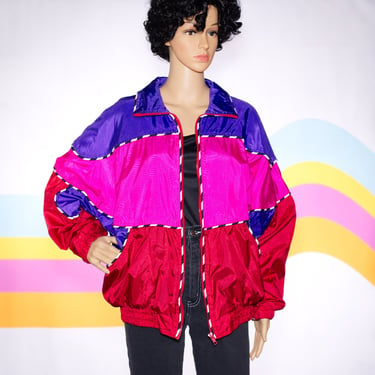 Vintage 1980s Color Block Windbreaker Jacket | Pink Purple Red | Medium / Large | 11 