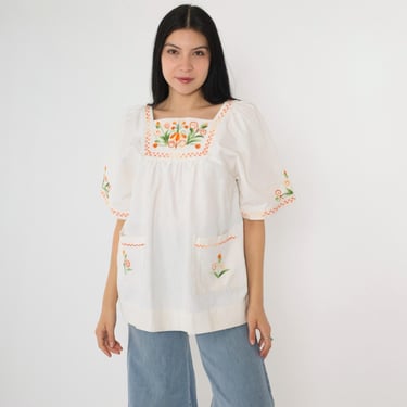 Vintage Embroidered Floral Tunic Top 90s White Mexican Peasant Blouse Hippie Short Sleeve Boho Tent Orange Flower 1990s Cotton Small S 