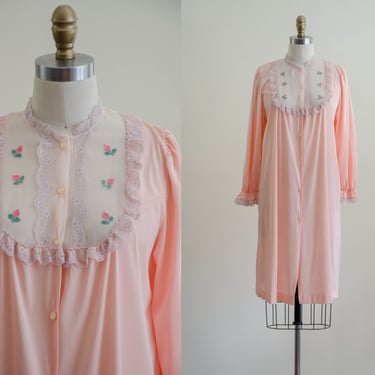 70s peach lingerie | silky high collar embroidered floral lace cottagecore romantic vintage robe 