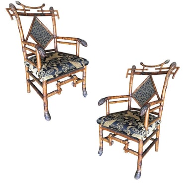 Late Victorian Aesthetic Movement Bamboo Chippendale Salon Chairs, Pair 