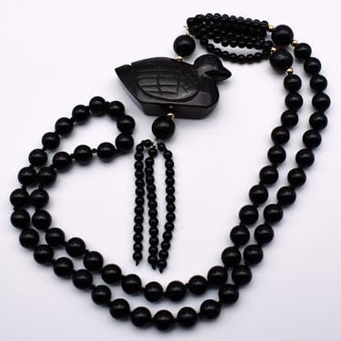 60's obsidian beads black nephrite duck pendant, handsome mid-century jade & lava glass necklace 