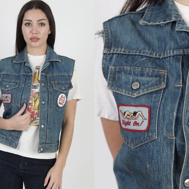 60s Montgomery Ward 101 Denim Vest, 70s Pleated Blue Jean MC Biker Jacket, Vintage Hippie Patches Coat Small S 