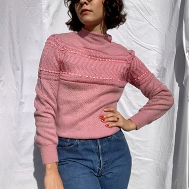 80s Pink Sweater / Ribbon Sweater / Knit 1980's Sweater / Vintage Slim Cut Fit Sweater Knitwear / Rose Pink Cute Sweater 