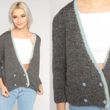 70s Wool Cardigan Flecked Double Breasted Button Up Knit Sweater Deep V Neck Retro Grandpa Sweater Plain Slouchy Vintage 1970s Small S 