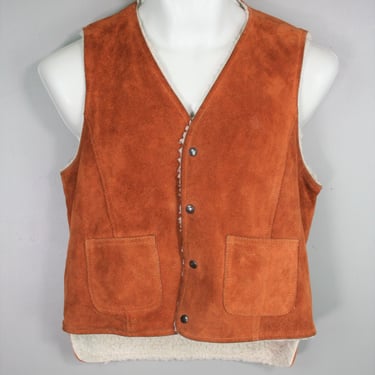 Get'n Western - 1970s Sears - Leather Sherpa lined Vest - Men's Small - Snap Front 