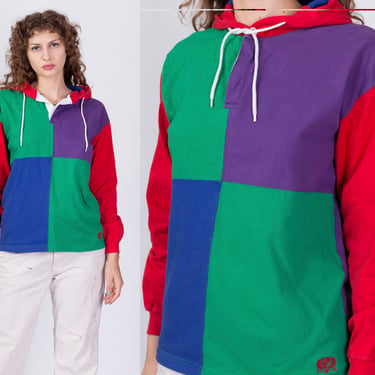 80s Color Block Hoodie - Men's Small, Women's Medium | Vintage Colorful Hooded Pullover Sweatshirt 
